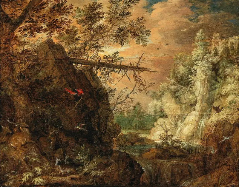 Felsige Waldlandschaft mit Wasserfall von Roelant Savery