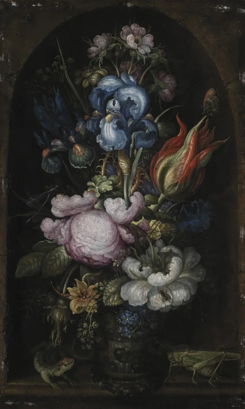 Blomsterbukett i en stennisch av Roelant Savery