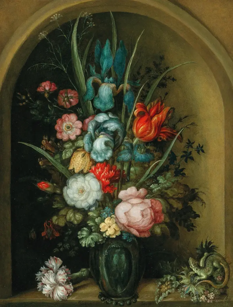 Blandade blommor i en glasvas med en ödla i närheten av Roelant Savery