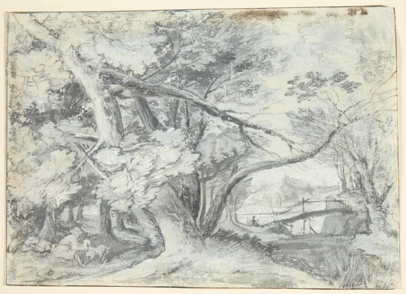 Waldstück mit großen Bäumen, darunter zwei Männer und ein Hund. Rechts eine Brücke von Roelant Savery
