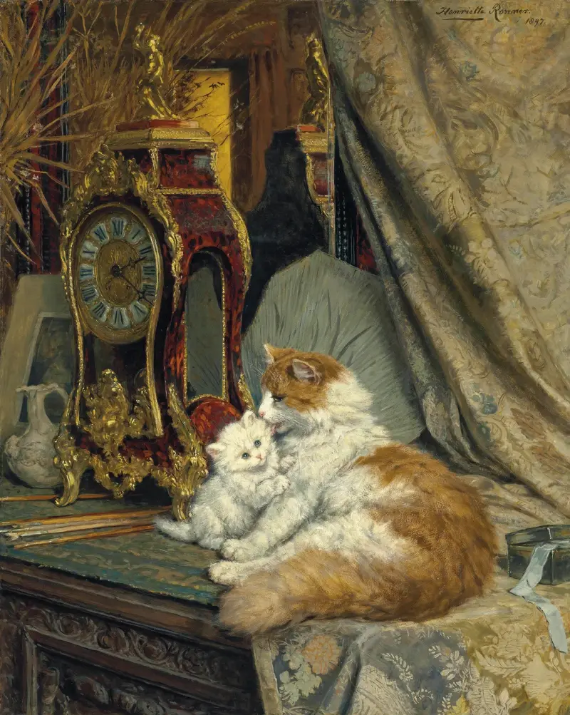 A Mother Cat and her Kitten with a Bracket Clock av Henriëtte Ronner-Knip