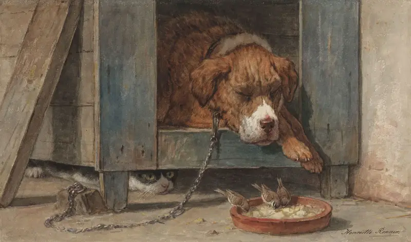Katt spanar på fåglar vid en sovande hund av Henriëtte Ronner-Knip