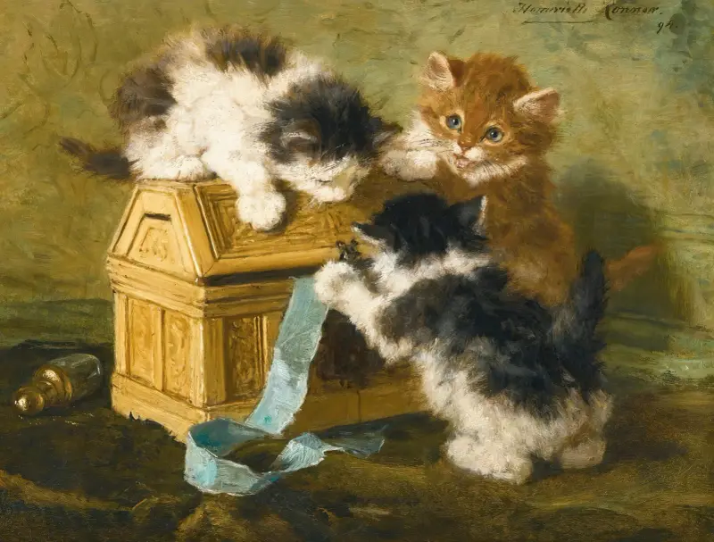 Tre kattungar med skrin och blått band av Henriëtte Ronner-Knip