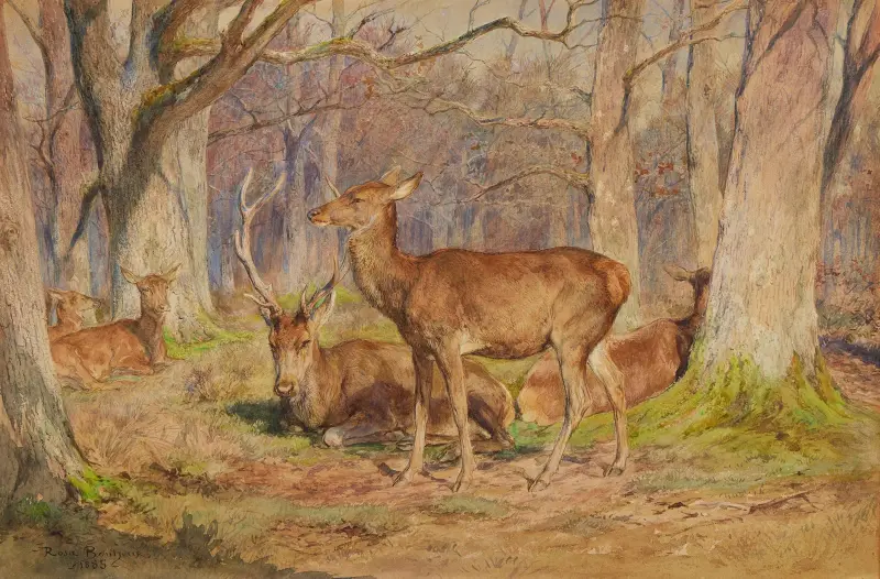 Hjortfamilj i Fontainebleauskogen. Senhöst. Tidig morgon av Rosa Bonheur