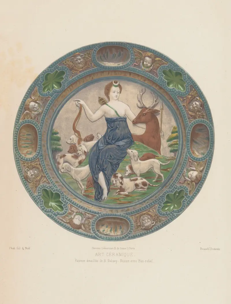 Emaillierte Fayence von B. Palissy, Becken mit Basrelief von Joseph Rose Lemercier