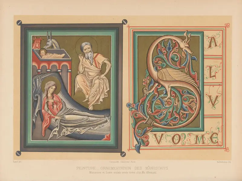 Miniatur und verzierte Initiale aus einer deutschen Handschrift von Joseph Rose Lemercier