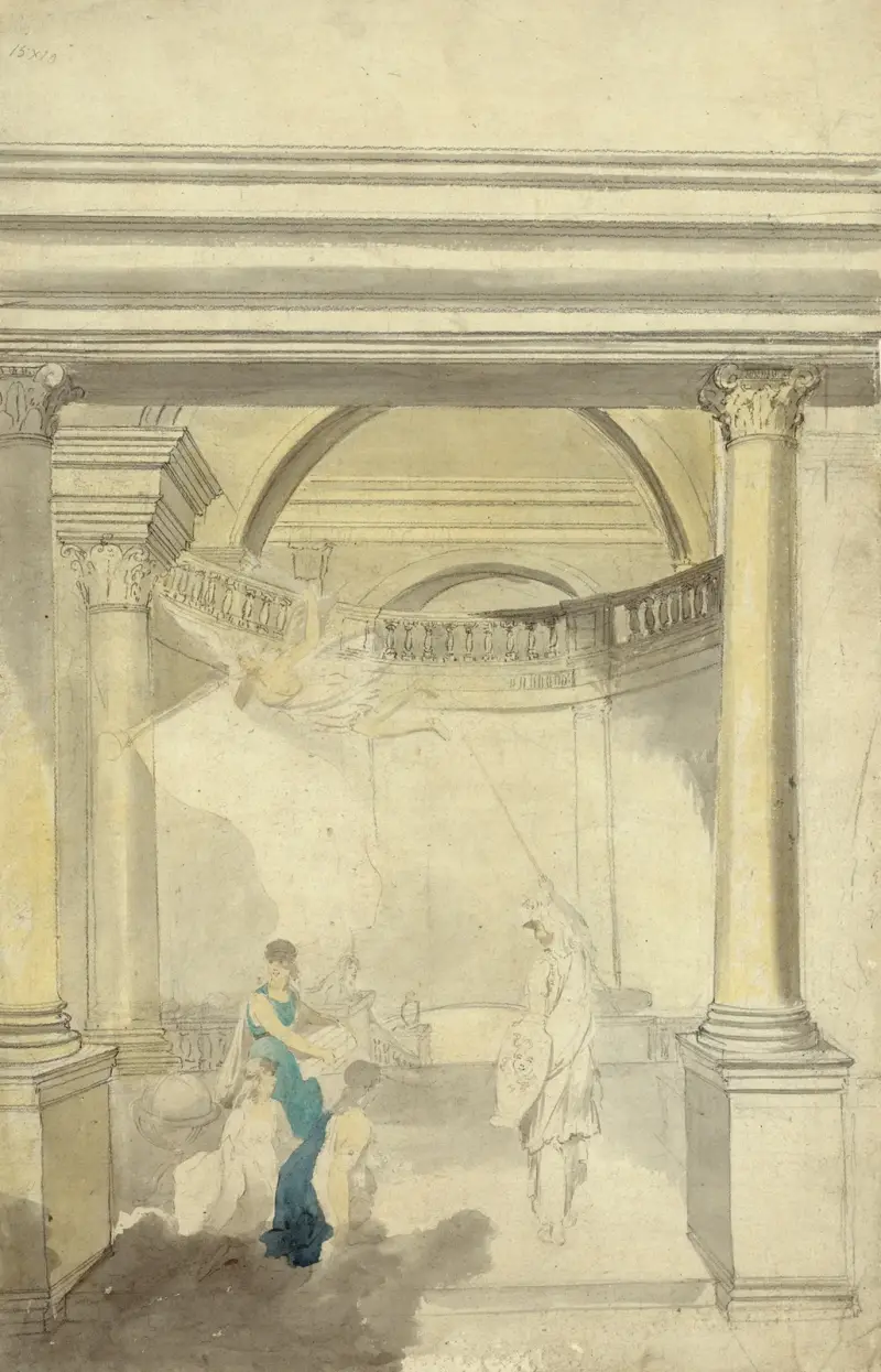 Allegorisk scen med interiör, kolonner, Minerva, Ryktet och andra figurer av John Rubens Smith
