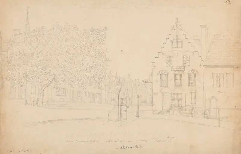 Argus-Zeitungsbüro in der State Street in Albany mit umliegenden Häusern und Kirchen von John Rubens Smith