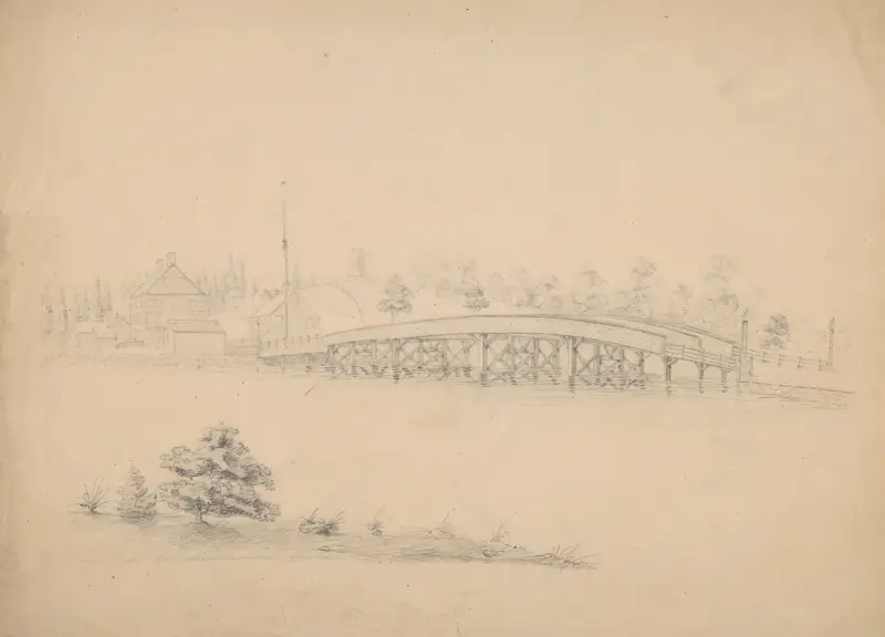 Bro med träöverbyggnad med hus och en kvarn på andra sidan vattnet, möjligen med anknytning till Ipswich, Massachusetts av John Rubens Smith