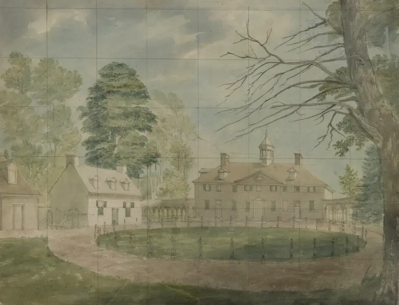 Mount Vernon med uthus sett från andra sidan uppfarten av John Rubens Smith
