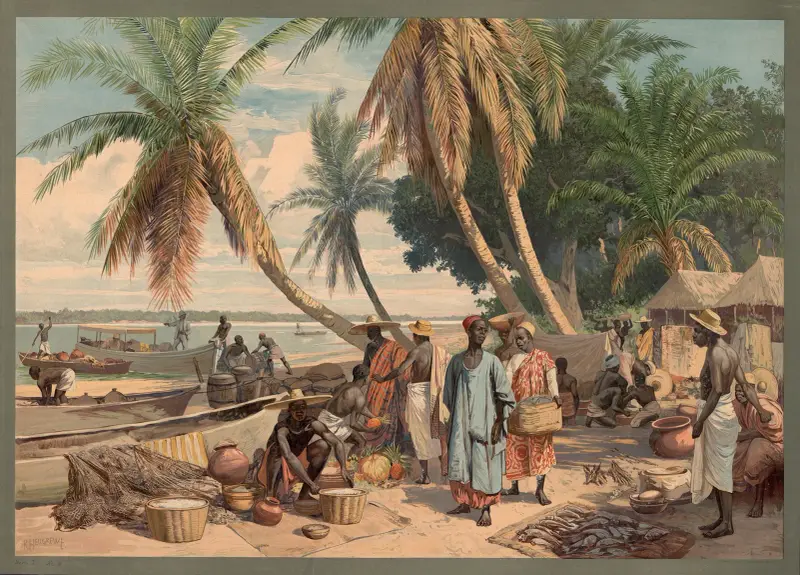 Koloniala väggbilder – Veckomarknad vid lagunen i Togo av Rudolf Hellgrewe