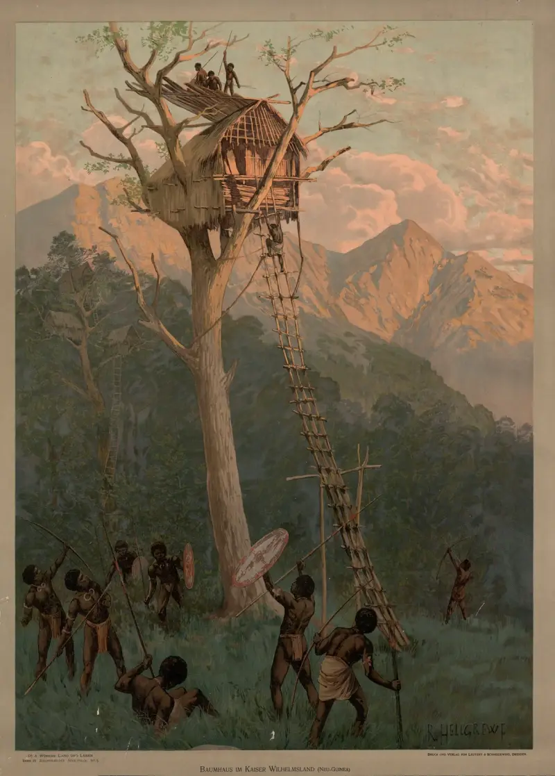 Kolonialbilder, Neue Folge – Baumhaus im Kaiser Wilhelmsland (Neu-Guinea) von Rudolf Hellgrewe