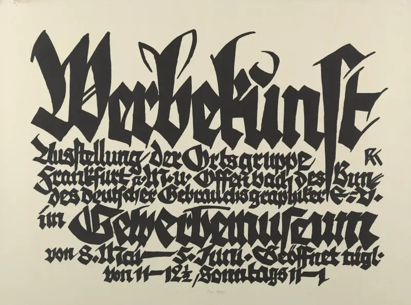 Reklamkonst. Utställning av lokalgrupperna Frankfurt a.M. och Offenbach inom Bund deutscher Gebrauchsgraphiker e.V. i Gewerbemuseum 8 maj–5 juni av Rudolf Koch