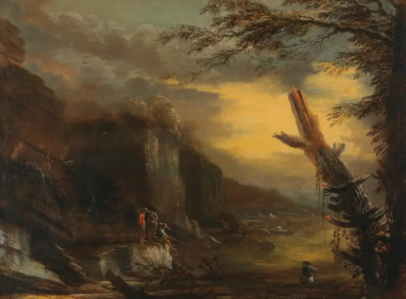 Fiskare i ett klippigt kustlandskap av Salvator Rosa