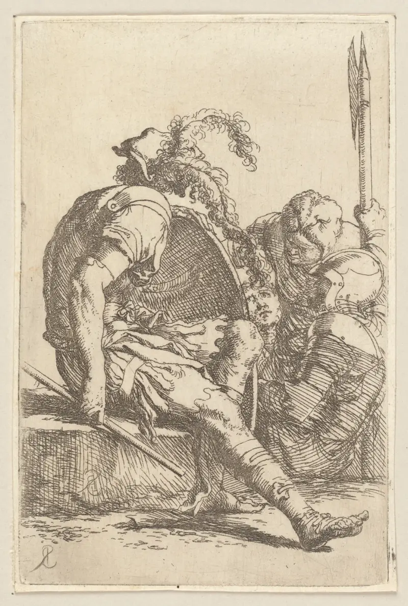 Fyra soldater, en sittande på en sten till vänster av Salvator Rosa