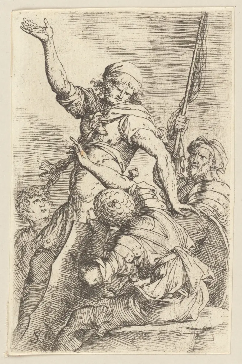 Vier Soldaten, einer mit einer Flagge von Salvator Rosa