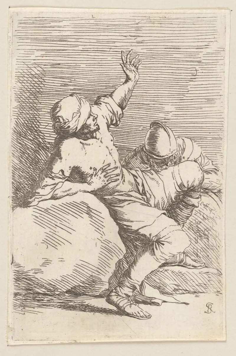 Man som pekar uppåt och soldat i vila av Salvator Rosa