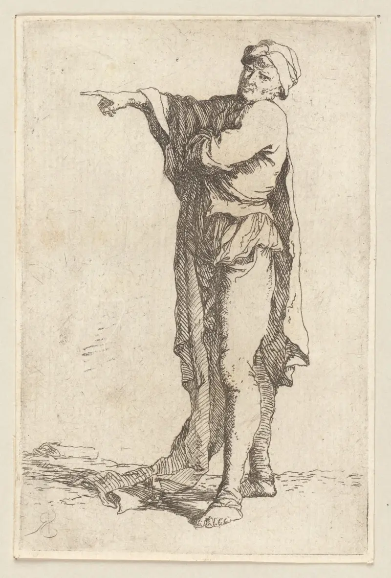 Stehender Mann, den Arm horizontal ausstreckend von Salvator Rosa