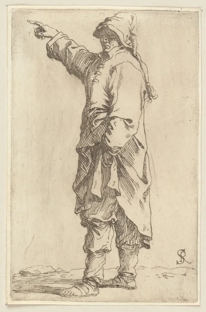 Stående man med höjd arm, pekande mot vänster av Salvator Rosa