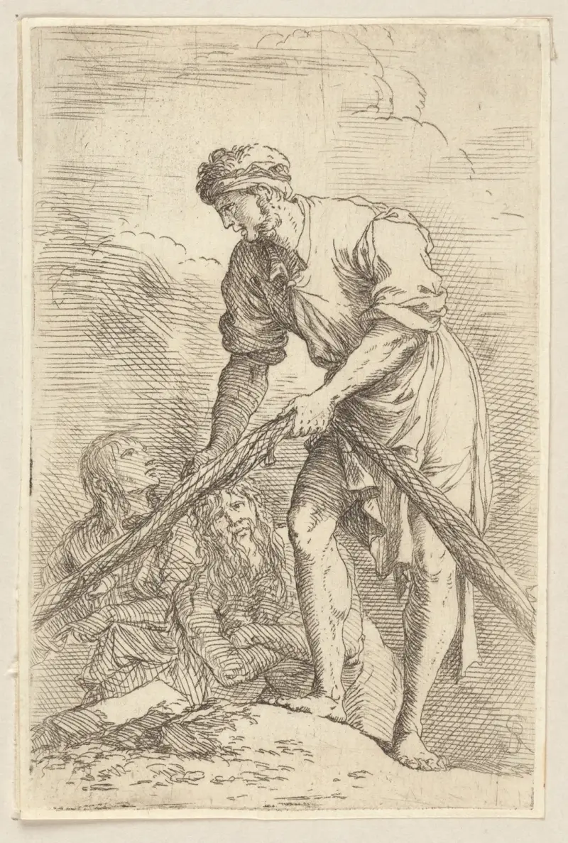 Man med fisknät och två andra figurer av Salvator Rosa