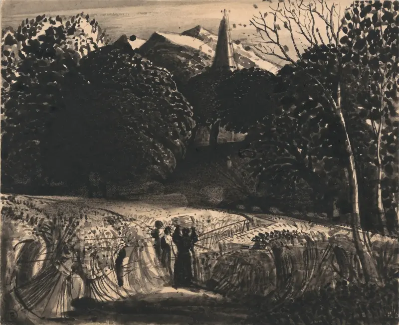 Kornfält och kyrka i månsken av Samuel Palmer