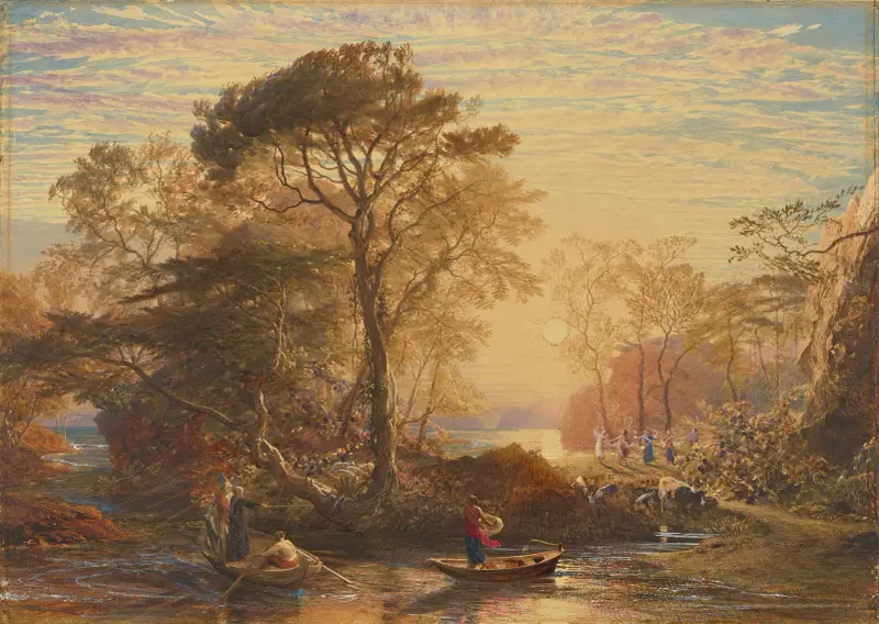 Sir Guyon med Palmer vid sin sida, frestad av Phaedria att landa på de förtrollade öarna av Samuel Palmer