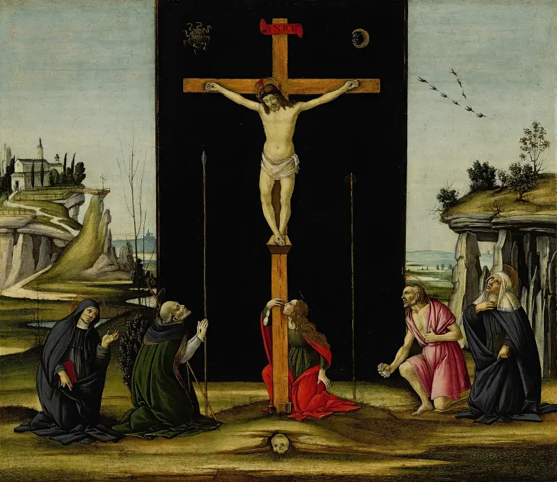 Christus am Kreuz, angebetet von den Heiligen Monica, Augustinus, Maria Magdalena, Hieronymus und Birgitta von Schweden von Sandro Botticelli