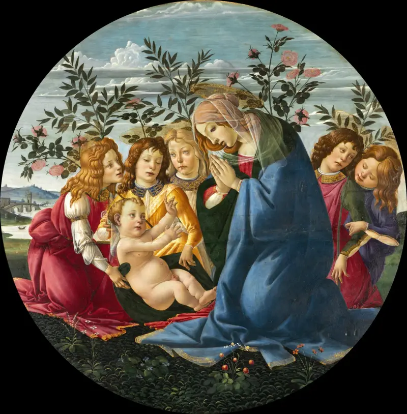 Madonna, das Kind anbetend, mit fünf Engeln von Sandro Botticelli