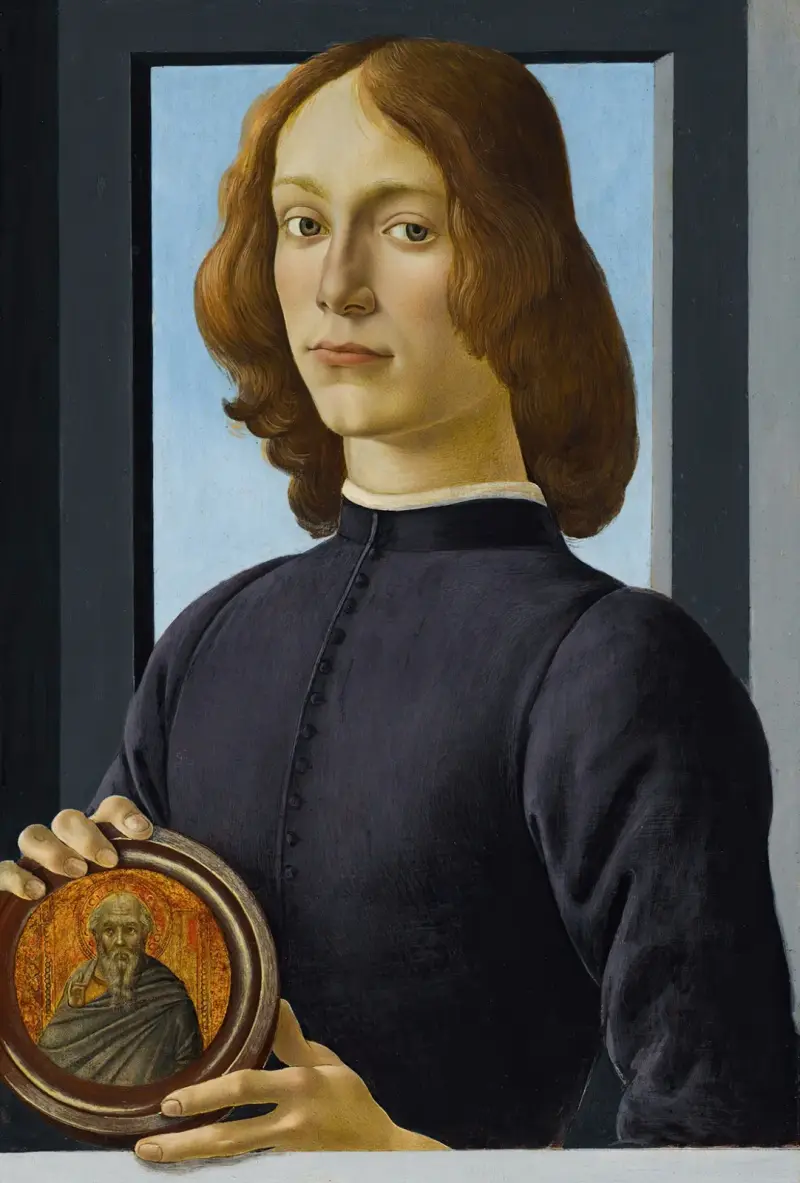 Portrait of a young man holding a roundel av Sandro Botticelli