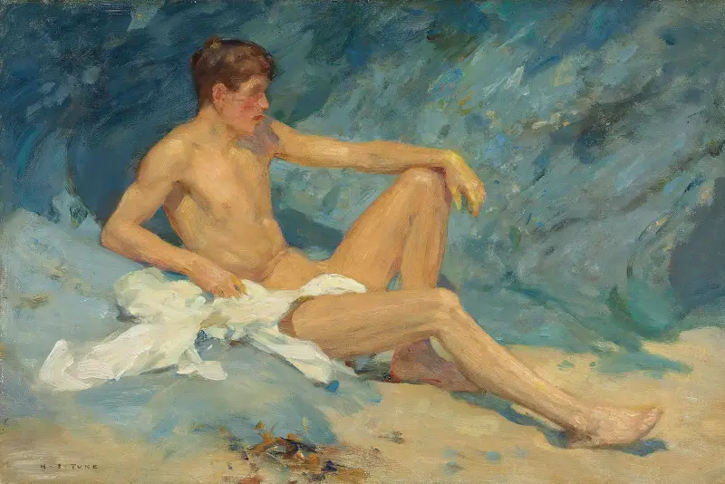 En liggande manlig nakenstudie på klippor av Henry Scott Tuke