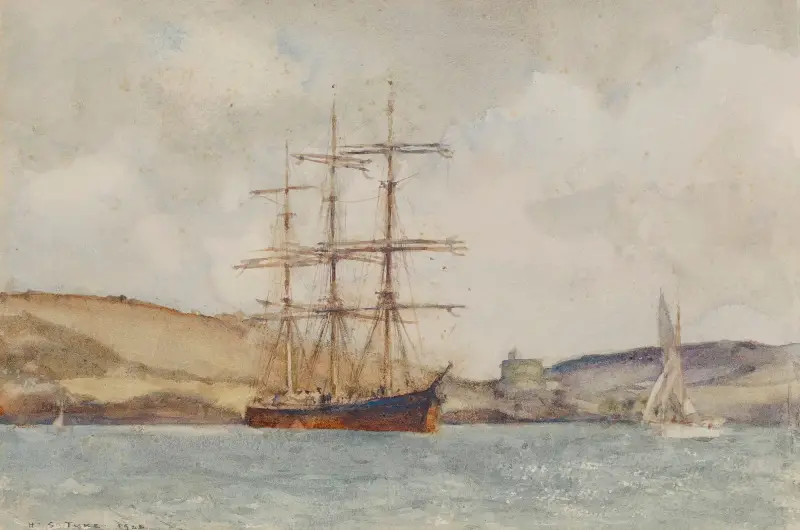 Ein Dreimaster vor St. Catherine's Castle, Fowey von Henry Scott Tuke