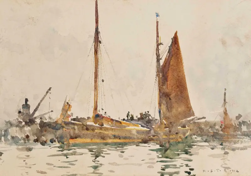 Lowestoft-Fischerboote vertäut in Falmouth von Henry Scott Tuke