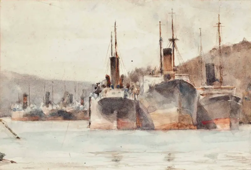 Fartyg förtöjda nära King Harry Ferry, på floden Fal av Henry Scott Tuke