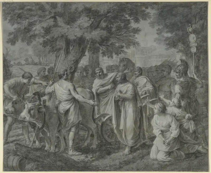 Cincinnatus wird direkt vom Pflug weg zum Diktator Roms berufen von Sébastien Bourdon