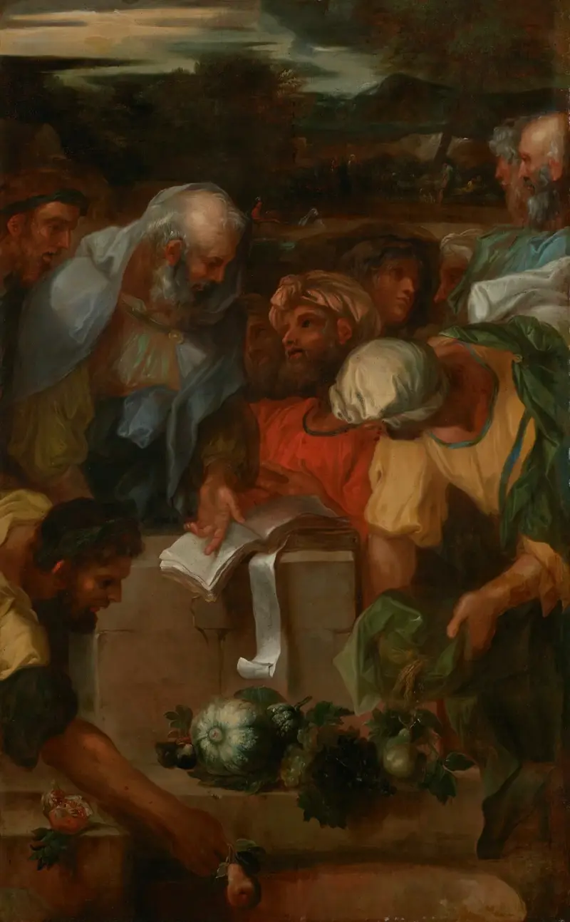 Die Darbringung der Bikkurim (Erstlingsfrüchte) im Tempel von Sébastien Bourdon