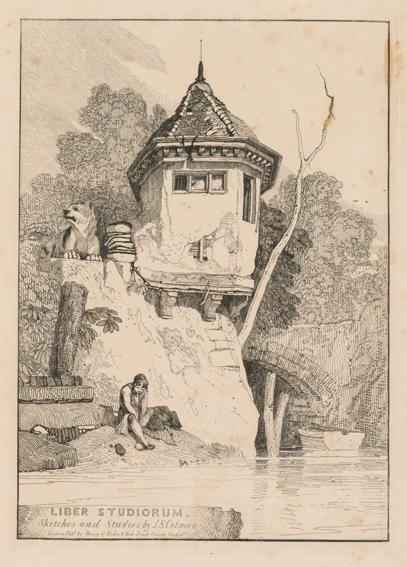 Frontespis, vy över ett lusthus vid floden Yare av John Sell Cotman