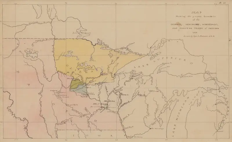 Karta som visar de nuvarande gränserna för ojibwa-, menomonee-, winnebago- och dakotastammarna 1851 av Seth Eastman