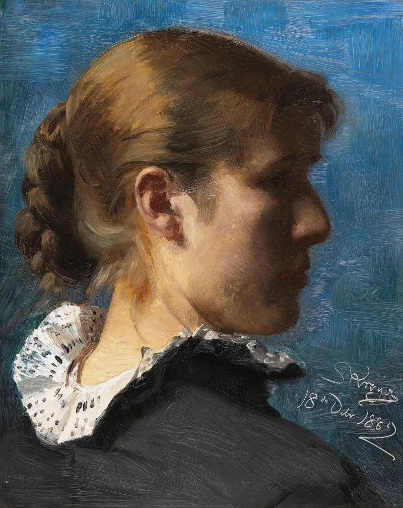 Porträtt av ung kvinna i profil av Peder Severin Krøyer