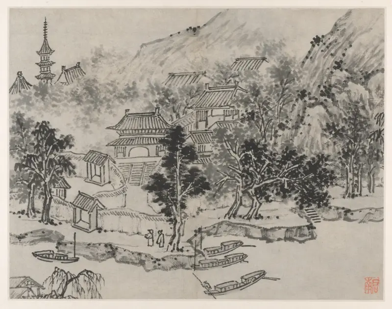 Avlägsen vy av Tiger Hill från kanalens förtöjningsplats, ur Tolv vyer av Tiger Hill, Suzhou av Shen Zhou