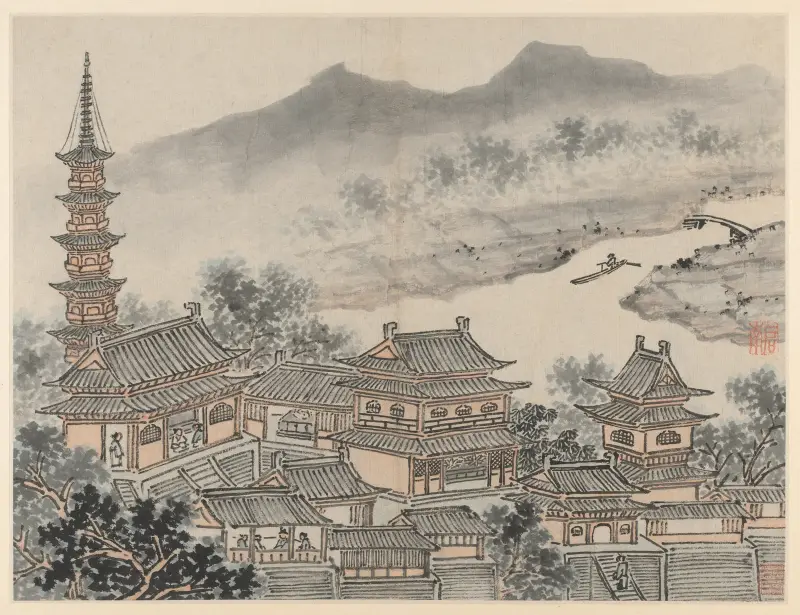 De tusen buddhornas sal och pagoden vid 'Molnklippans kloster', ur Tolv vyer av Tiger Hill, Suzhou av Shen Zhou