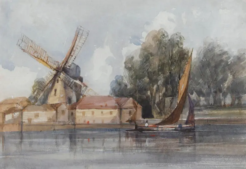 En wherry förbi en väderkvarn och lantbruksbyggnader av Thomas Shotter Boys