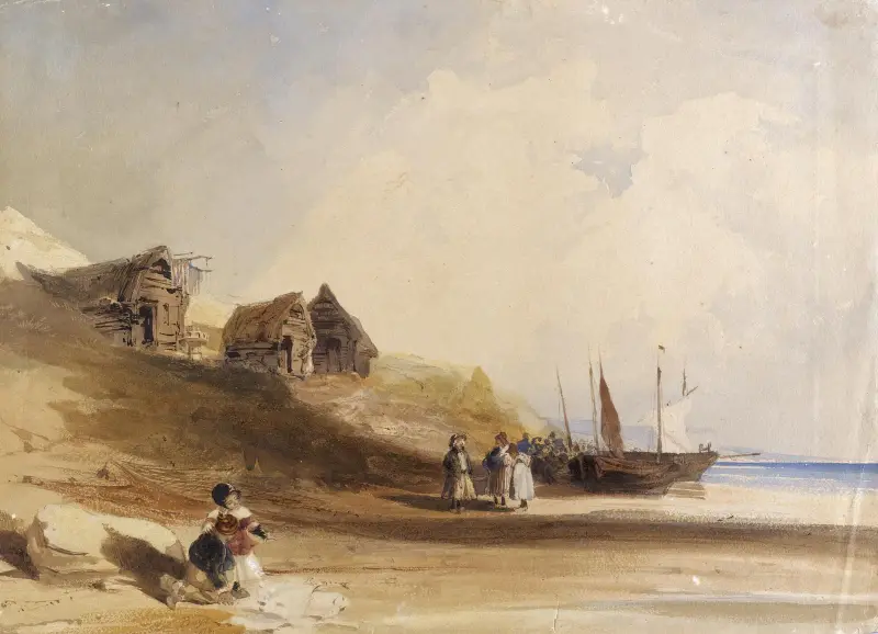 Fransk kustscen med figurer, båtar och fiskebodar av Thomas Shotter Boys