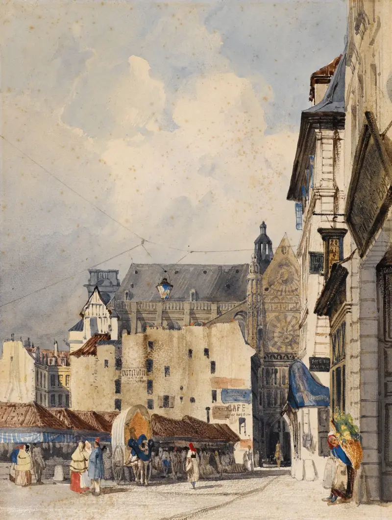 Rue des Prouvaires och kyrkan Saint-Eustache av Thomas Shotter Boys