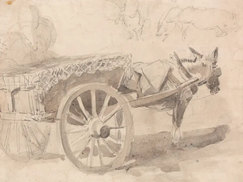 En mula eller åsna, spänd för en bondkärra, med andra skisser överst, utförd vid eller nära Canterbury, cirka 1835 av Thomas Sidney Cooper