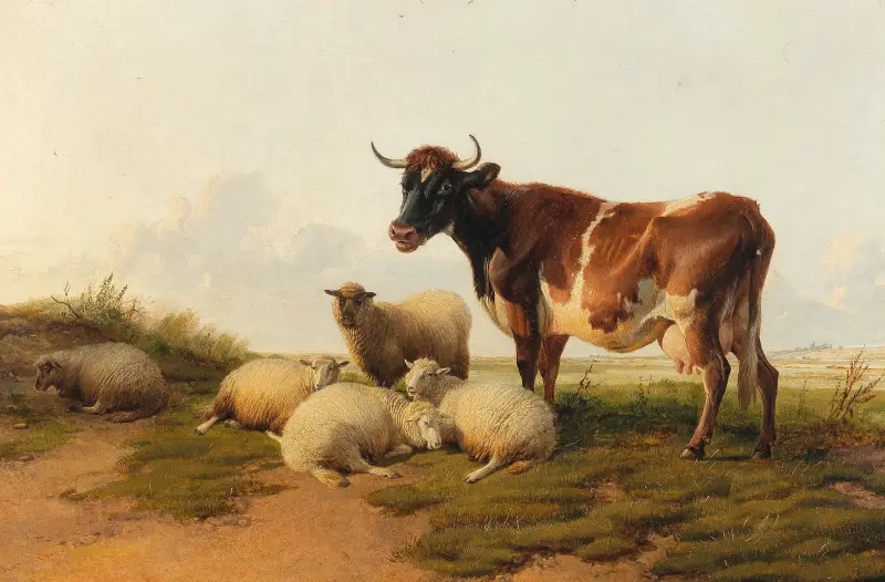 Sheep And Cows In The Meadow av Thomas Sidney Cooper