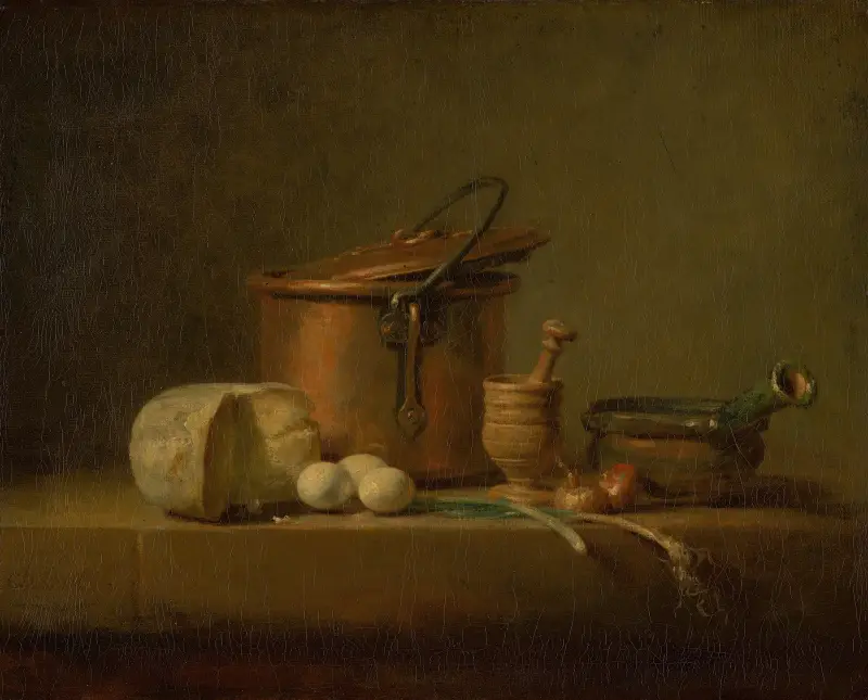 Stilleben med kopparkittel, ost och ägg av Jean Siméon Chardin