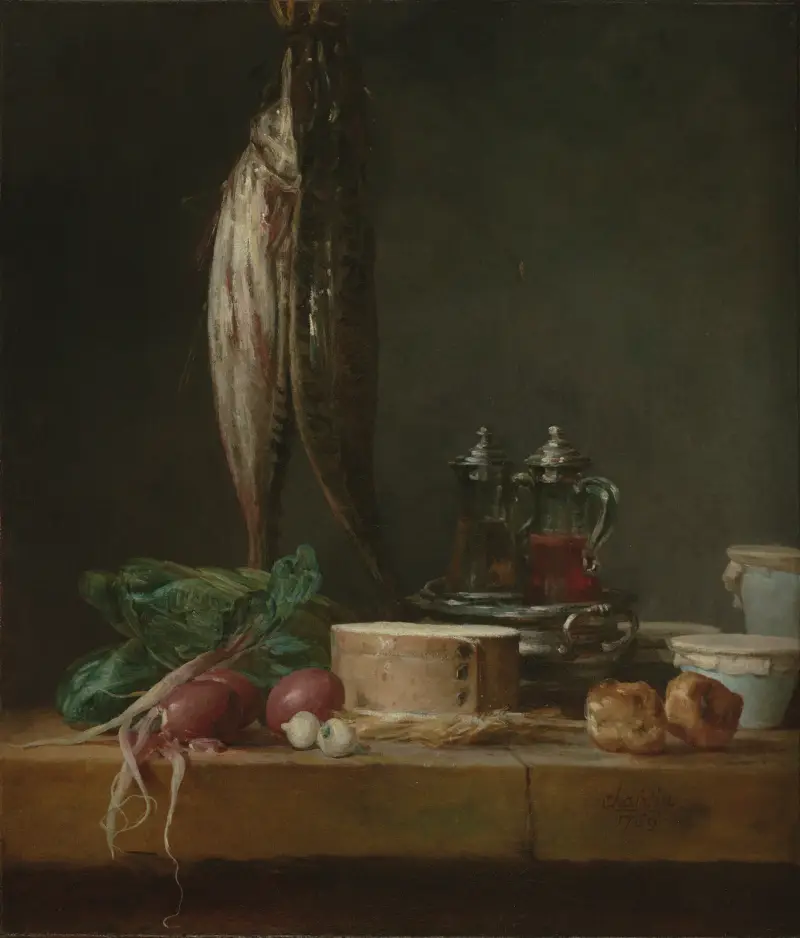 Stillleben mit Fisch, Gemüse, Gougères, Krügen und Karaffen auf einem Tisch von Jean Siméon Chardin