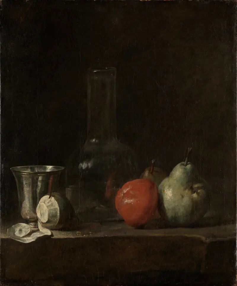 Stilleben med glasflaska och frukter av Jean Siméon Chardin