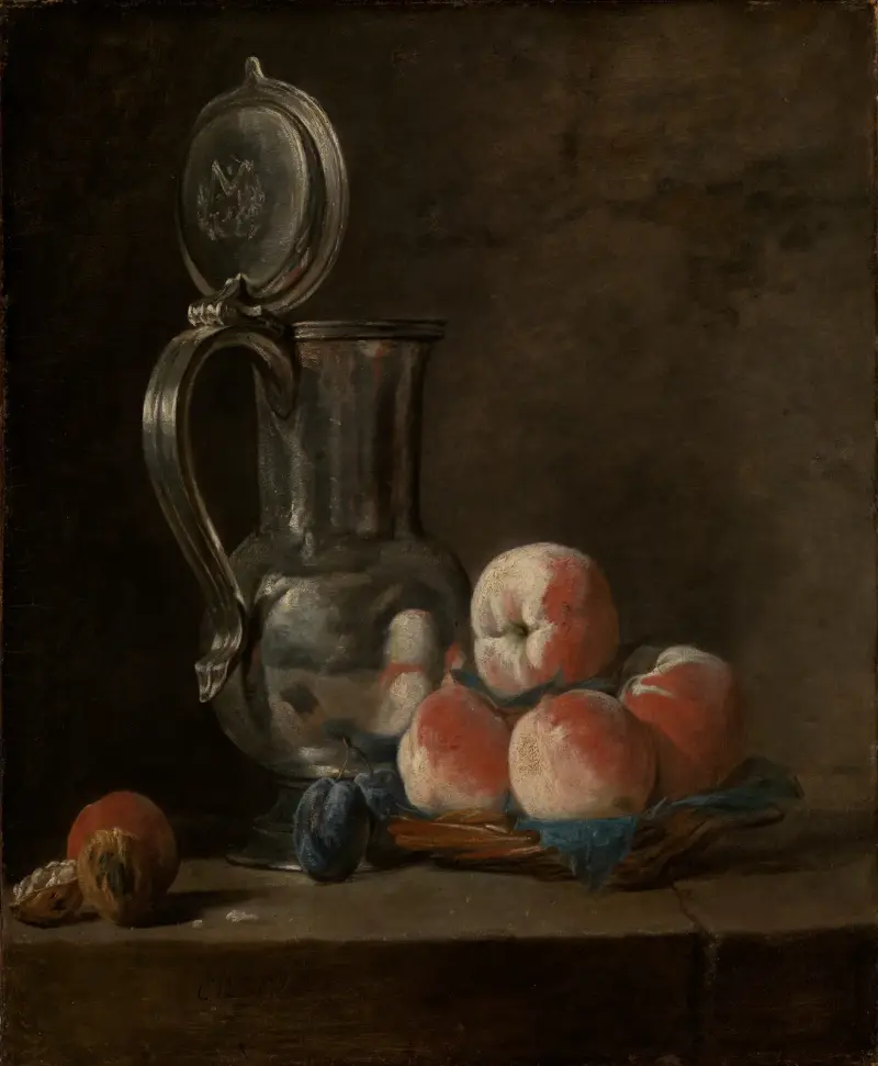 Stilleben med tenntillbringare och persikor av Jean Siméon Chardin