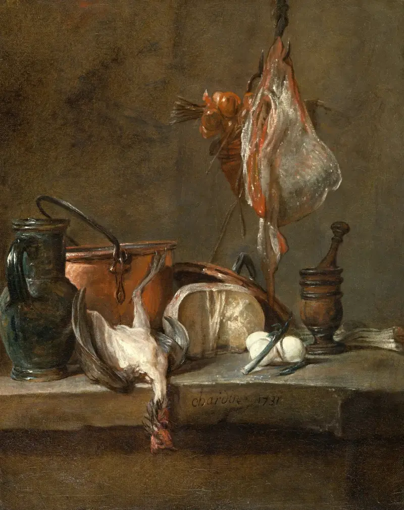 Stilleben med rocka och korg med lökar av Jean Siméon Chardin